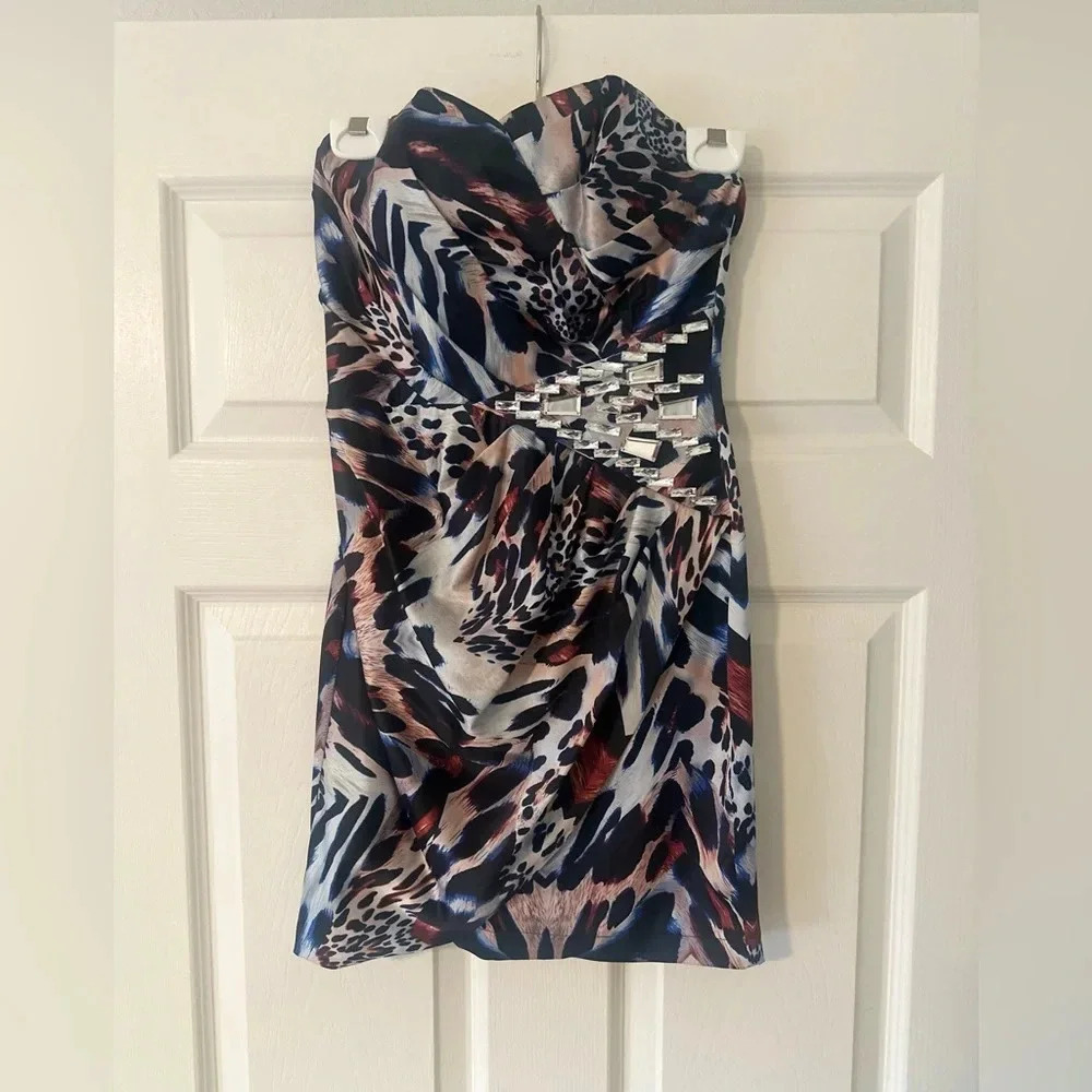 LIPSY London Strapless Surplice Mixed Animal Print Jeweled Party Dress. Size 2.